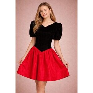 Gunne Sax Girls Dress Black Velvet Red Taffeta Bow Back Party Holiday 11/12 VTG